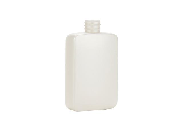 4 oz. pearl white oblong HDPE 20-410 plastic bottle.  Bottle is 4" high including neck x 1 3/8" wide x 1" deep.