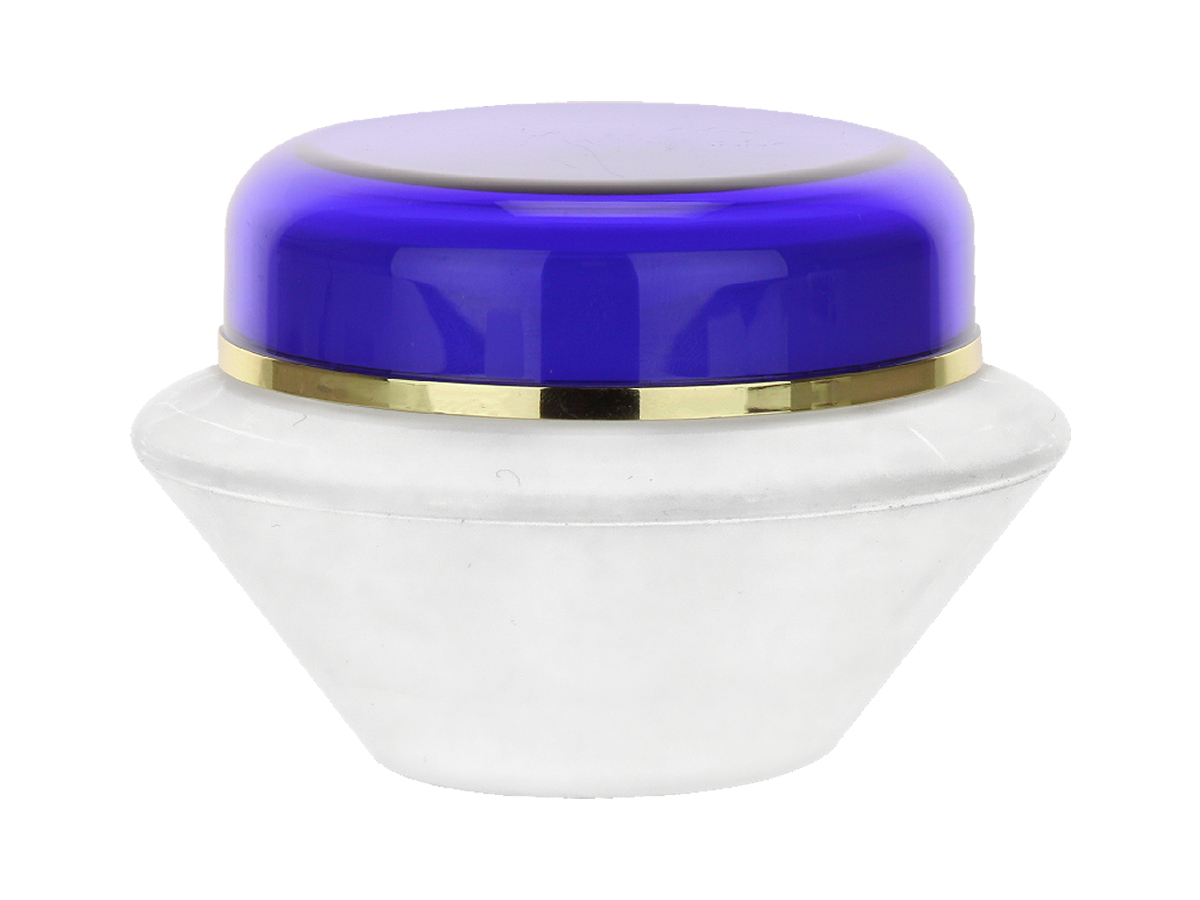 1.67 oz (50 ml) Frosted 58mm Thick Wall Acrylic Jar-White Inner PP Bowl, Blue Lid-Gold Band-Sealing Disc-NEW