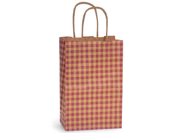 Burgundy Gingham Checked Small (Rose) Paper Kraft Gift Bag (5.5 in. x 3.25 in. x 8 in.) 100% Recycled