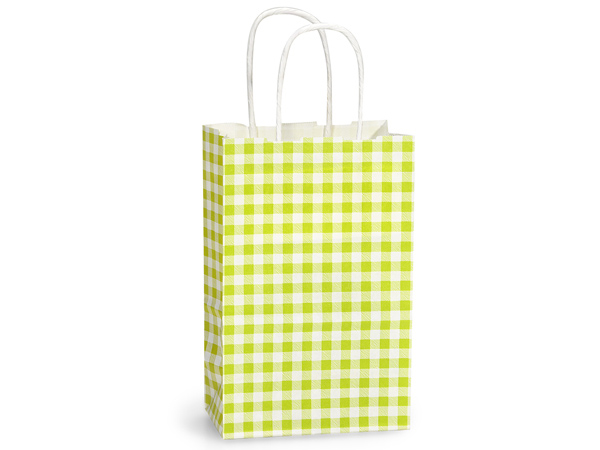 Green Apple Gingham Checked Small (Rose) Paper Kraft Gift Bag (5.5 in. x 3.25 in. x 8 in.) 100% Recycled