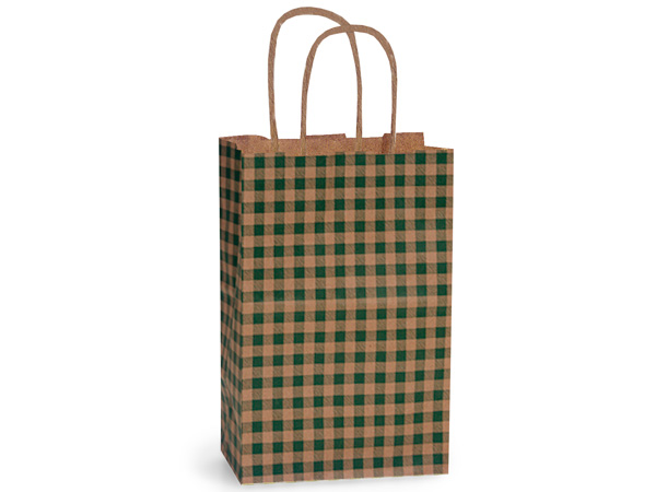 Green Hunter Gingham Checked Small (Rose) Paper Kraft Gift Bag (5.5 in. x 3.25 in. x 8 in.) 100% Recycled