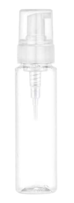 7 oz. (210 ml) Clear (3 pc. set) 43 MM cylinder round plastic bottle w/ white foamer & clear PP hood.  