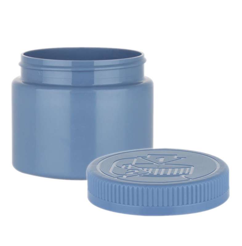 8 oz. Blue Round Single Wall 70-400 Opaque PET Square Based Plastic Jar-Blue Colored CRC Lid