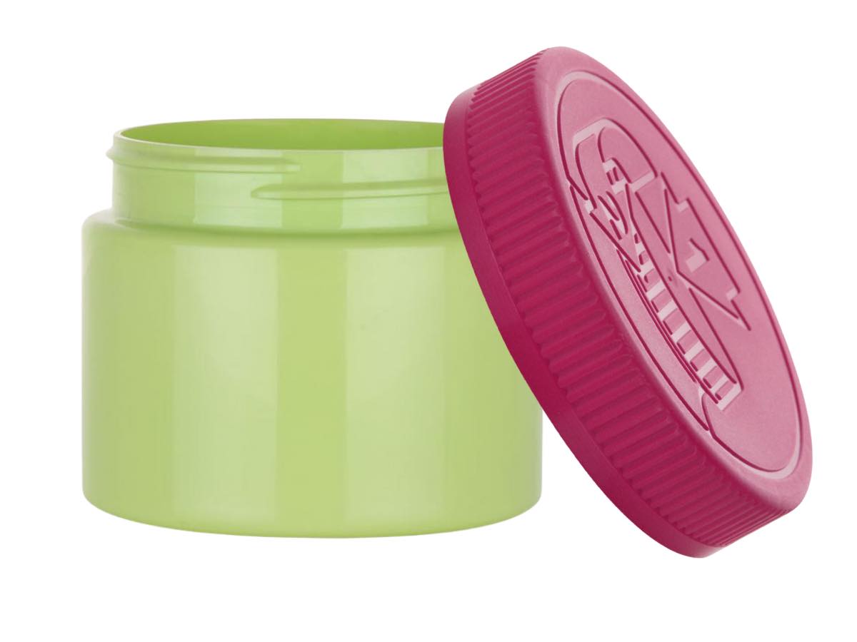 8 oz. Green Round Single Wall 70-400 Opaque PET Square Based Plastic Jar-Pink Fuchsia CRC Lid