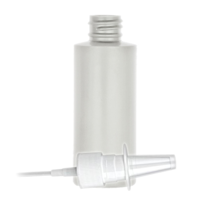 2 oz. Gray Light 20-10 Cylinder Round Slightly Squeezable HDPE Opaque Plastic Bottle-White Nasal Sprayer-3 3/4 in. DT