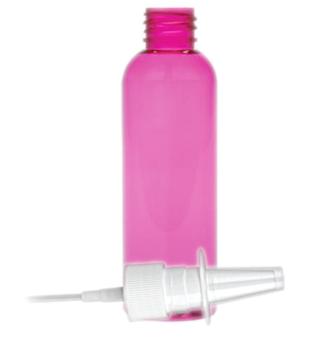 1.67 oz. Pink 20-410 Semi-Translucent PET (BPA Free) (50 ml) Plastic Round Bullet Bottle-White Nasal Sprayer 3 3/4 in. DT