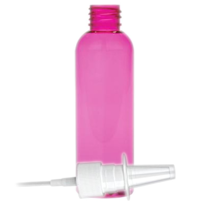 1.67 oz. Pink 20-410 Semi-Translucent PET (BPA Free) (50 ml) Plastic Round Bullet Bottle-White Nasal Sprayer 3 3/4 in. DT