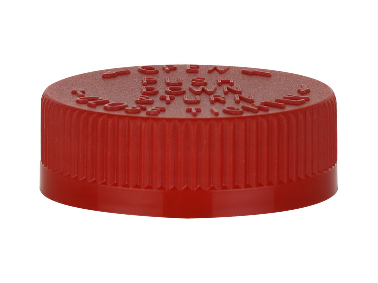 38-400 red CRC ribbed PP plastic bottle cap with pressure sensitive liner & opening instrurctions on to