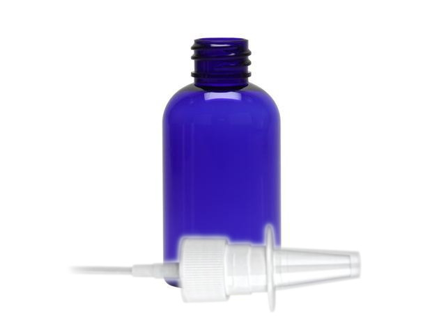 2 oz. Blue Cobalt Translucent PET (BPA Free) 20-410 Plastic Boston Round Bottle-Nasal Sprayer 3 1/2 in. diptube 