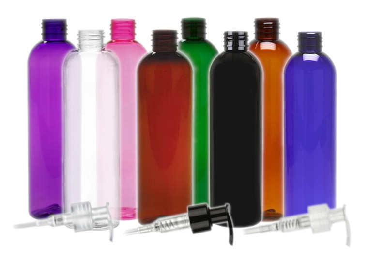 8 oz. Plastic PET round bullet soap bottles offered in 9  colors amber, dark amber, black, cobalt blue, clear, green, pink, purple & white.