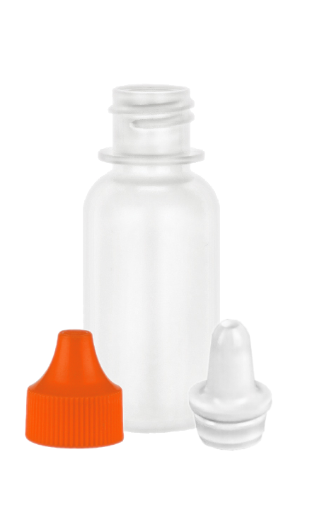 1 oz. White LDPE 20-410 Plastic Squeezable Boston Round Bottle-White Dropper Plug .031 orif-Orange Cap