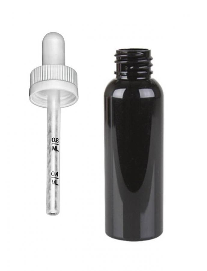 1 oz. Black 20-410 Round Bullet PET (BPA Free) Opaque Shiny Plastic Bottle-White CRC Dropper Cap