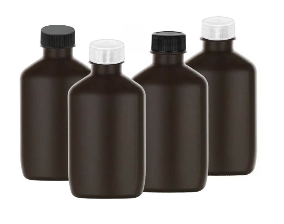 2 oz. Brown Dark Opaque HDPE 20-400 Plastic Oblong Bottle-Tincture-Blk-Wh CT Cap