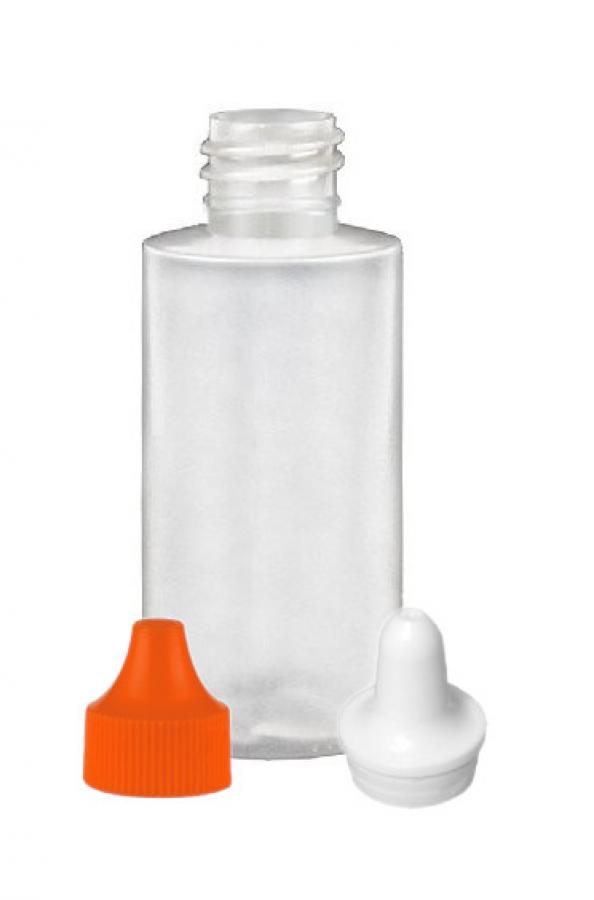 1 oz. Natural 20-410 Cylinder Round Squeezable LDPE Plastic Bottle-White Dropper .031 in. Orif-Orange Cap