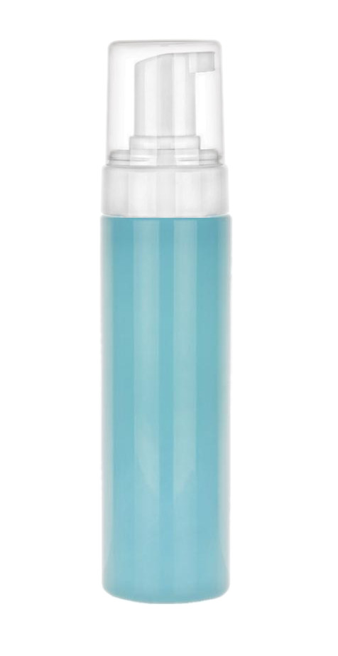 6.67 oz. Green seafoam PET shiny 43 MM cylinder round (200 ml.) plastic bottle with white soap foamer 