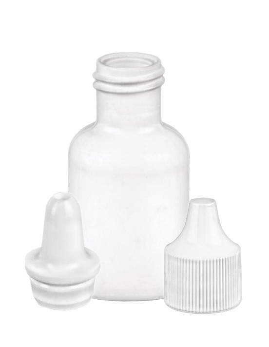 .5 oz. (1/2 oz) (15 cc) White 15-415 Boston Round LDPE Plastic Squeezable Bottle-White Dropper Plug .040 Orif -Cap