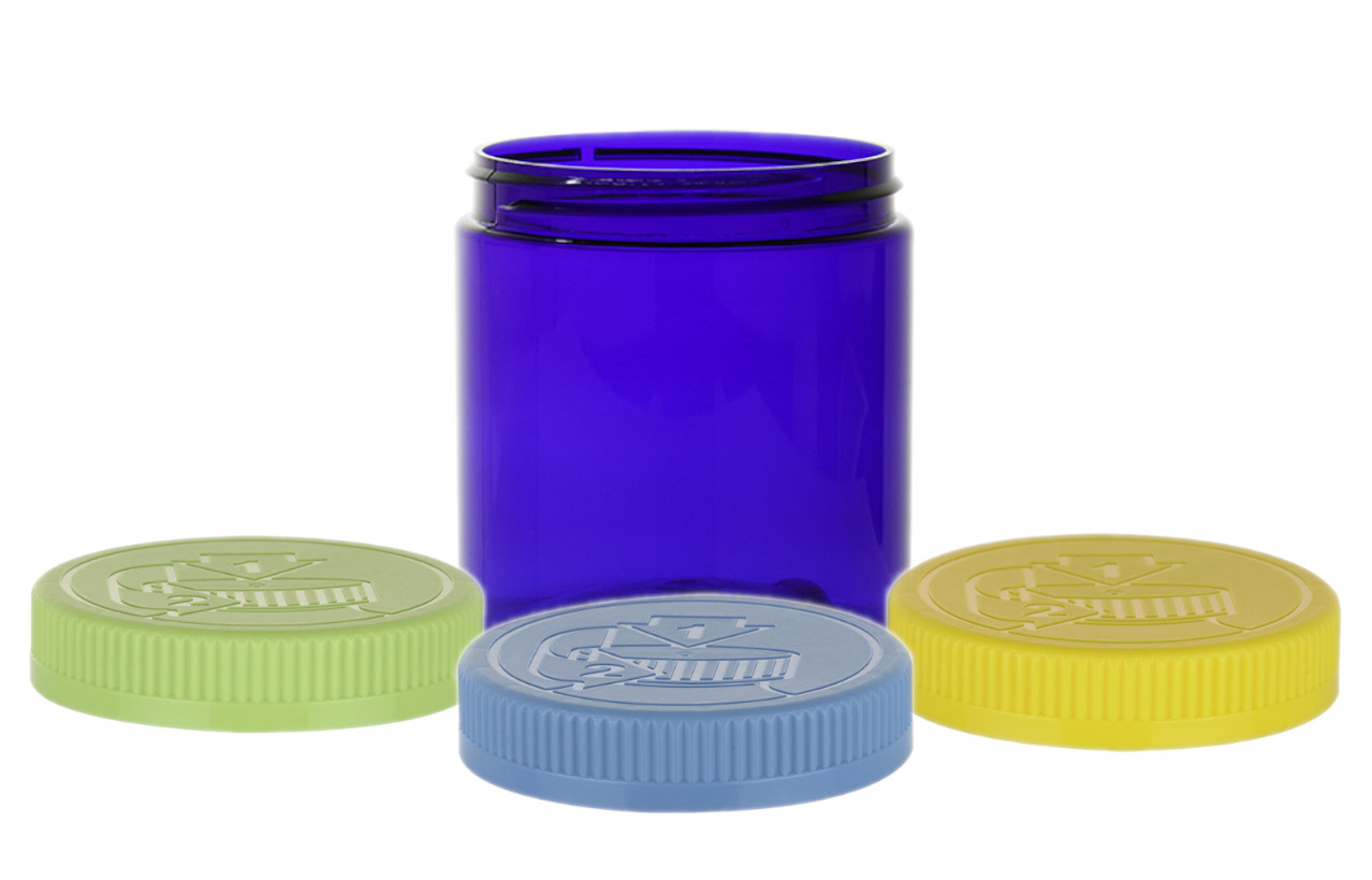  8 oz. Blue Cobalt Round Single Wall 70-400 PET Plastic Jar-Colored CRC Caps