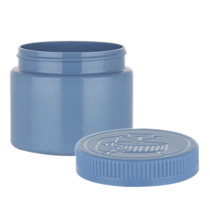 8 oz. Blue 70-400 round plastic single wall straight sided opaque PET square base jar with cap.