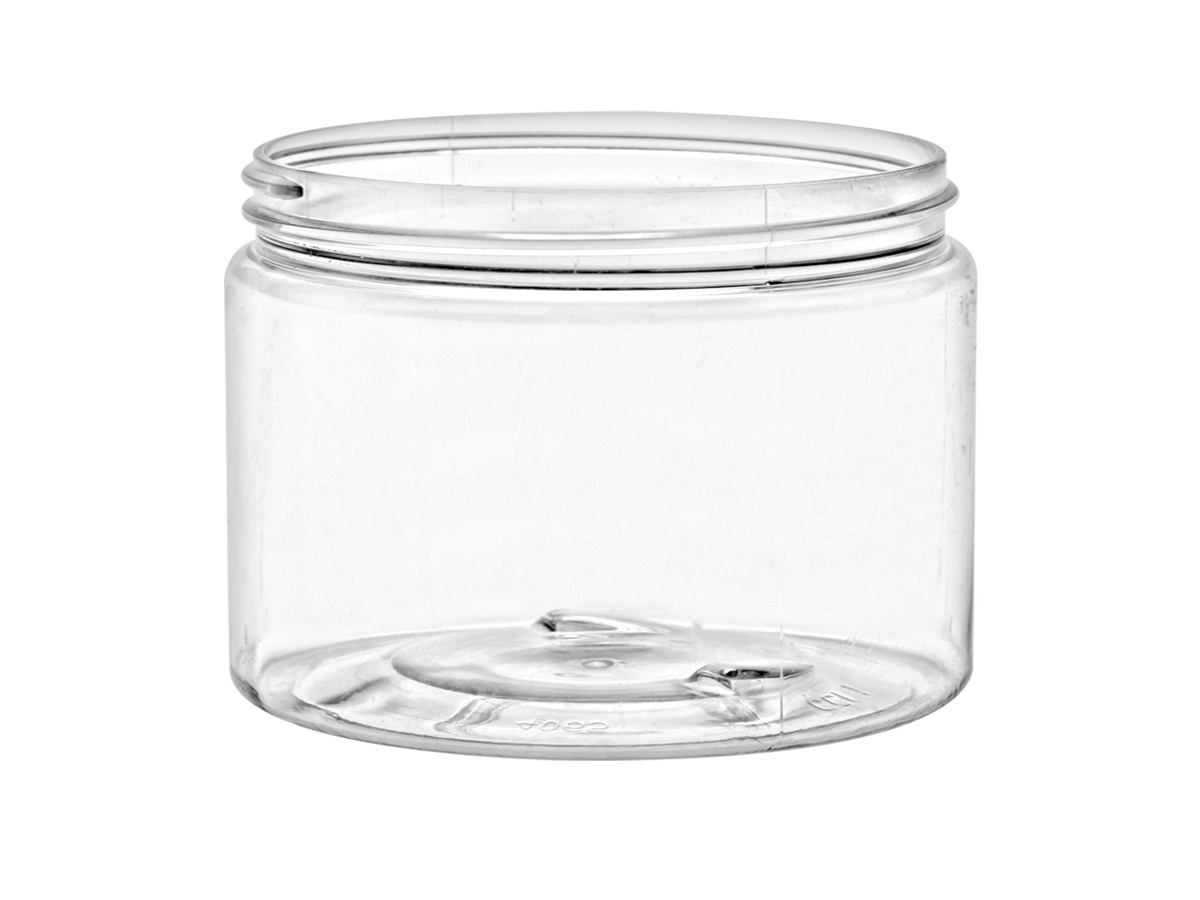 Clear plastic jars offered in a 1/5, 1/3, 1/2, 1, 2, 4, 6, 8, 12, 16 & 28 oz. sizes. 