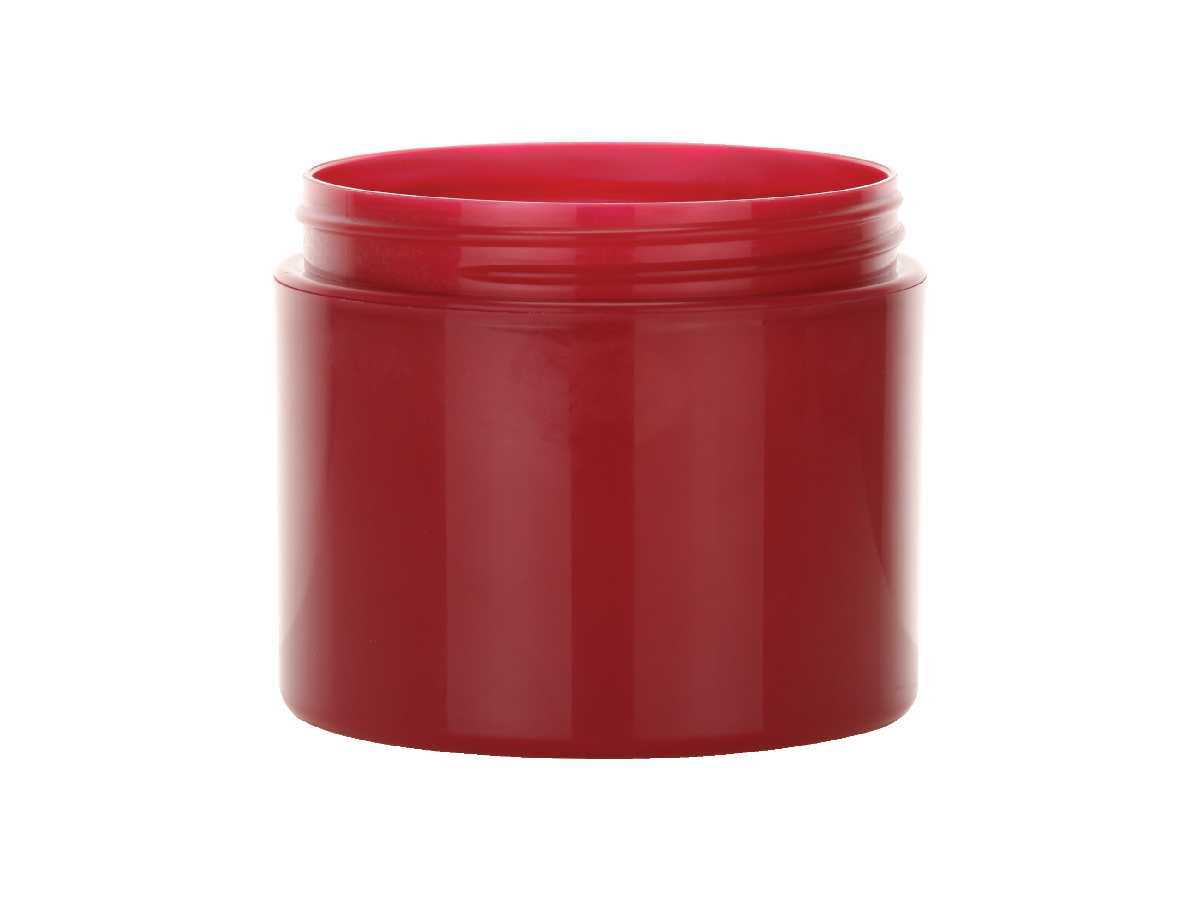 Cranberry red plastic jars offered in a 4 oz. size.