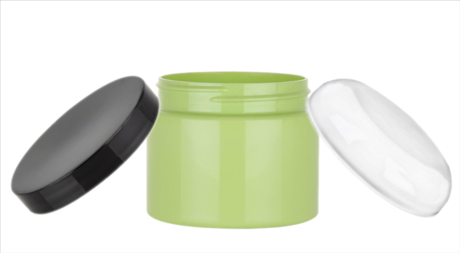 Green plastic jars offered in a 1, 2 & 8 oz size.