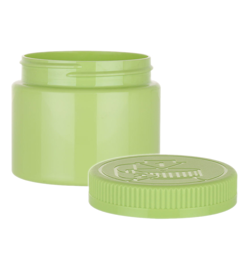  8 oz. Green Round Single Wall 70-400 Opaque PET Square Based Plastic Jar-Green CRC Colored Lid