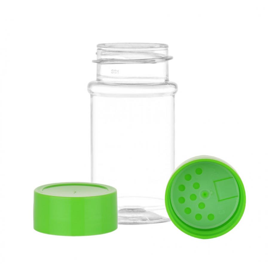 4.5 oz. Clear Spice Style Round 45-490 PET Plastic Jar-Green Cap-Shaker Fitment
