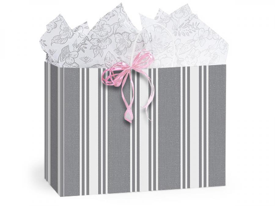 16 in. x 6 in. x 12 in. Large (Vogue) Ticking Stripe Gray Paper Gift Bag