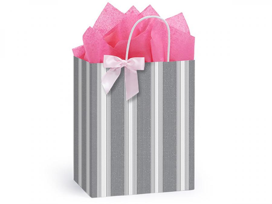 8 in. x 4.75 in. x 10 in. Medium (Cub) Ticking Stripe Gray Paper Gift Bag