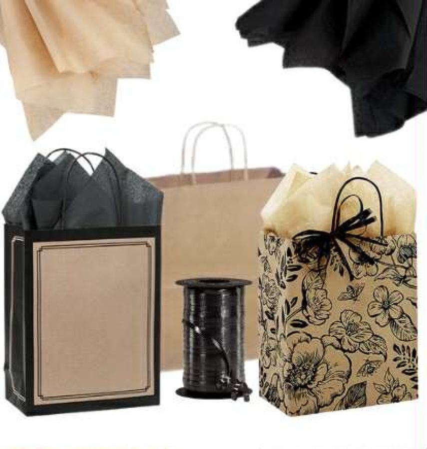 Black-Kraft Medium (Cub) Paper 37 pc. Gift Bag Set-Tissue Paper-Curling Ribbon (8 in. x 4.75 in. x 10 in.)