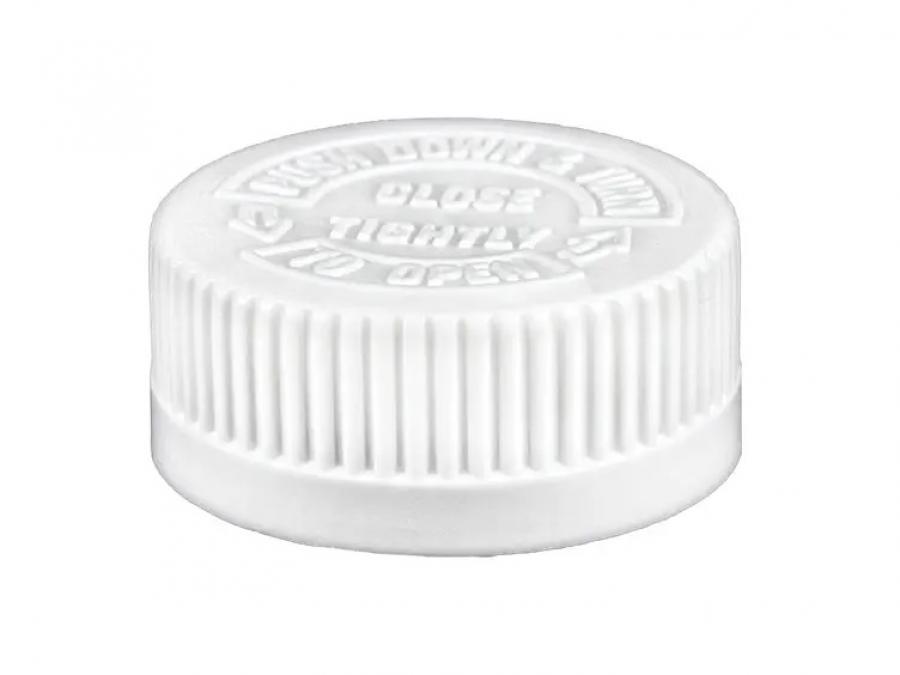 33-400 White CRC Ribbbed PP Plastic Bottle CT Cap-HS-Foam Liner-Pictorial Opening Instruct-VBC