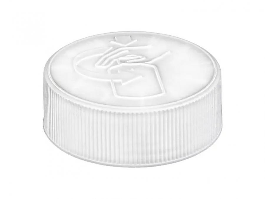 38-400 White CRC Ribbed PP Bottle-Jar Cap-HS Liner-Pictorial Open Instruct-Berry-Stock