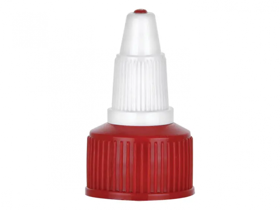 20-410 Red-White Ribbed Twist Open Top PP Plastic Dispensing Bottle Cap-.120 in. Orifice-HS Liner