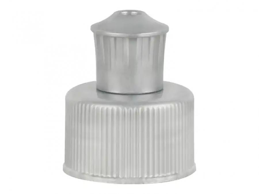 24-410 Gray Ribbed Dispensing PP Plastic Push-Pull Bottle Cap-.200 in. Orif