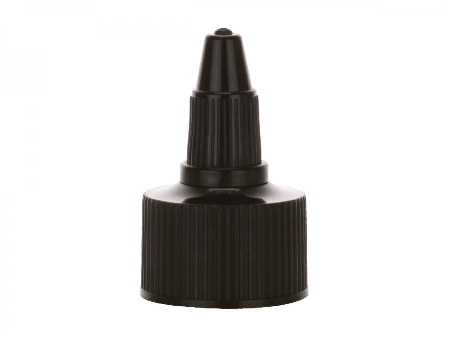 24-410 Black Ribbed Twist Open PP Plastic Dispensing Bottle Cap- .118 Orifice-Gasket (GLOWPAK)