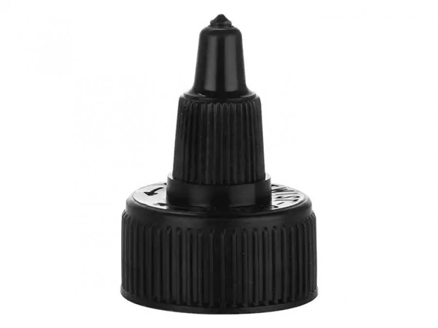 24-410 Black Ribbed Twist Open Dispensing Bottle Cap-.128 Orif-PS Liner (MRP)