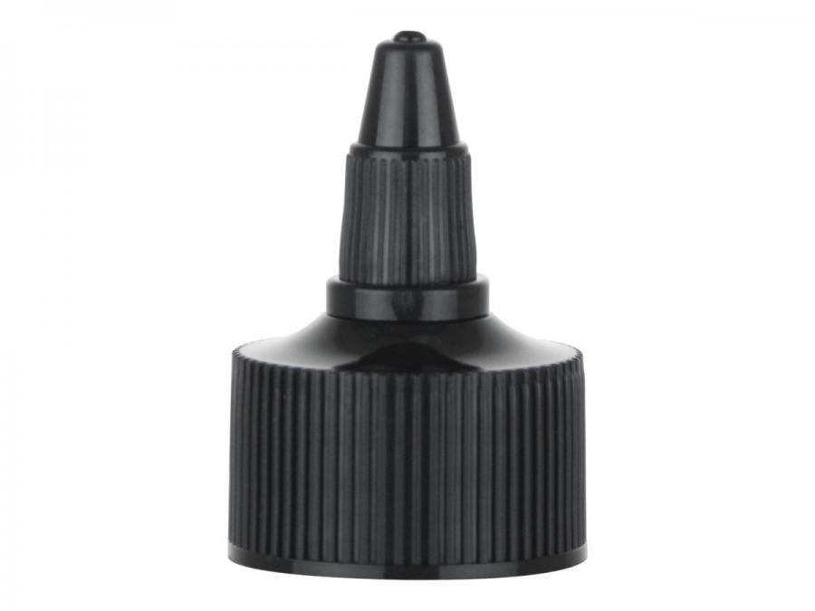 28-410 Black Ribbed Twist Open Dispensing Bottle Cap- .118 Orifice