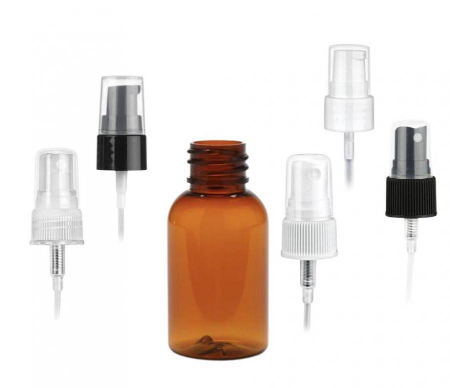 1 oz. Amber PET (BPA Free) 20-410 Semi-Translucent Plastic Boston Round Bottle-FM Sprayer or Treatment Pump