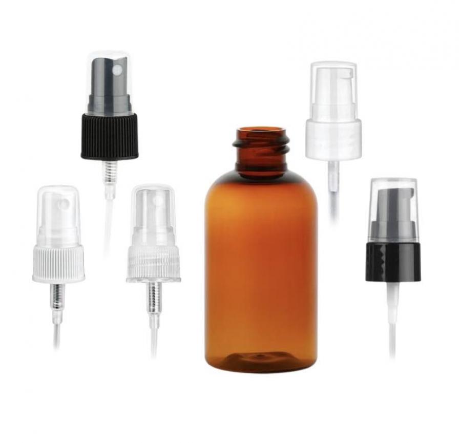 2 oz. Amber Translucent PET BPA Free 20-410 Plastic Boston Round Bottle-FM Sprayer or Treatment Pump