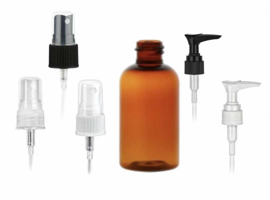2 oz. Amber Translucent PET (BPA Free) 20-410 Plastic Boston Round Bottle-FM Sprayer or Lotion Pump (Stock)