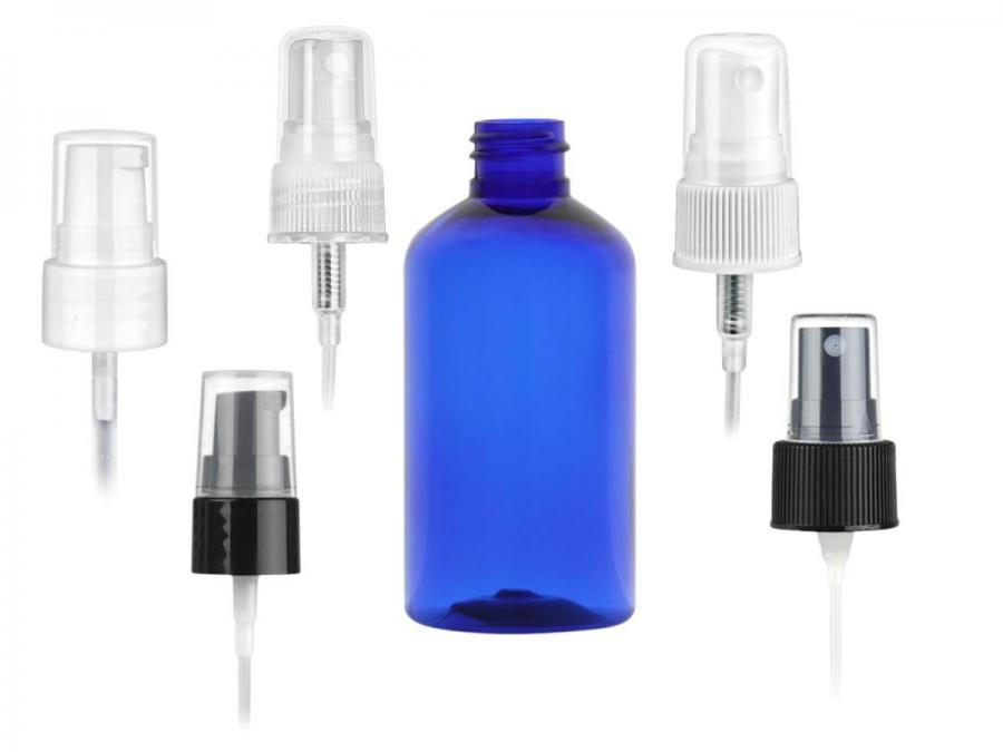 3.33 oz. Blue 20-410 PET Plastic Semi-Translucent (100 ML) Boston Round Bottle-Treatment Pump or Sprayer