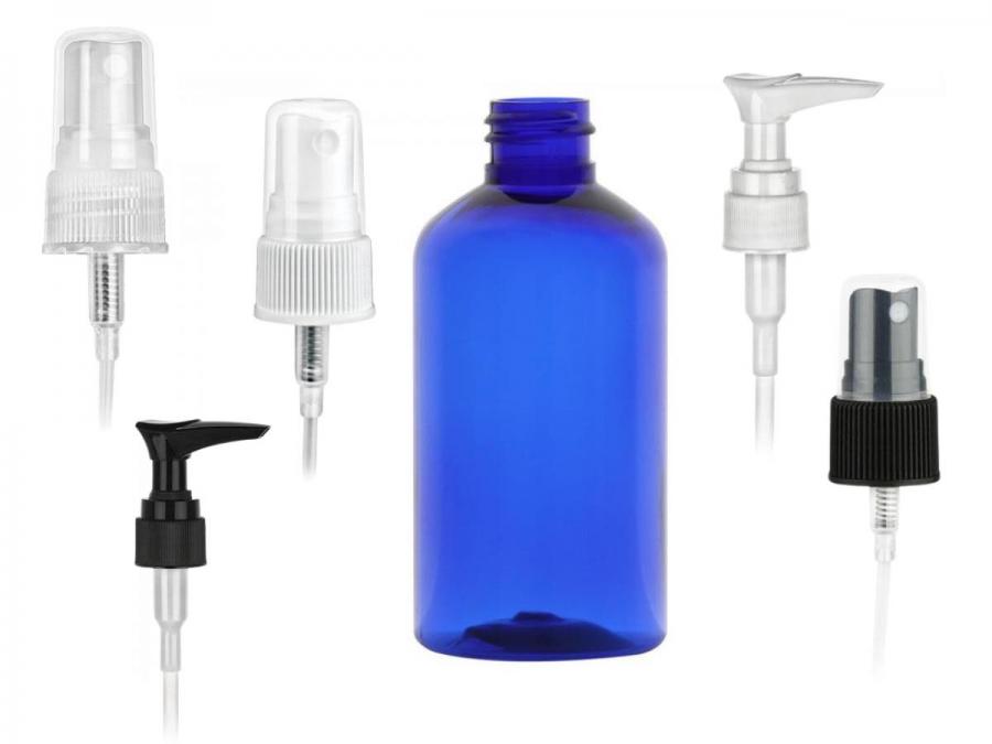 3.33 oz. Blue 20-410 PET Plastic Semi-Translucent (100 ML) Boston Round Bottle-Lotion Pump or Sprayer