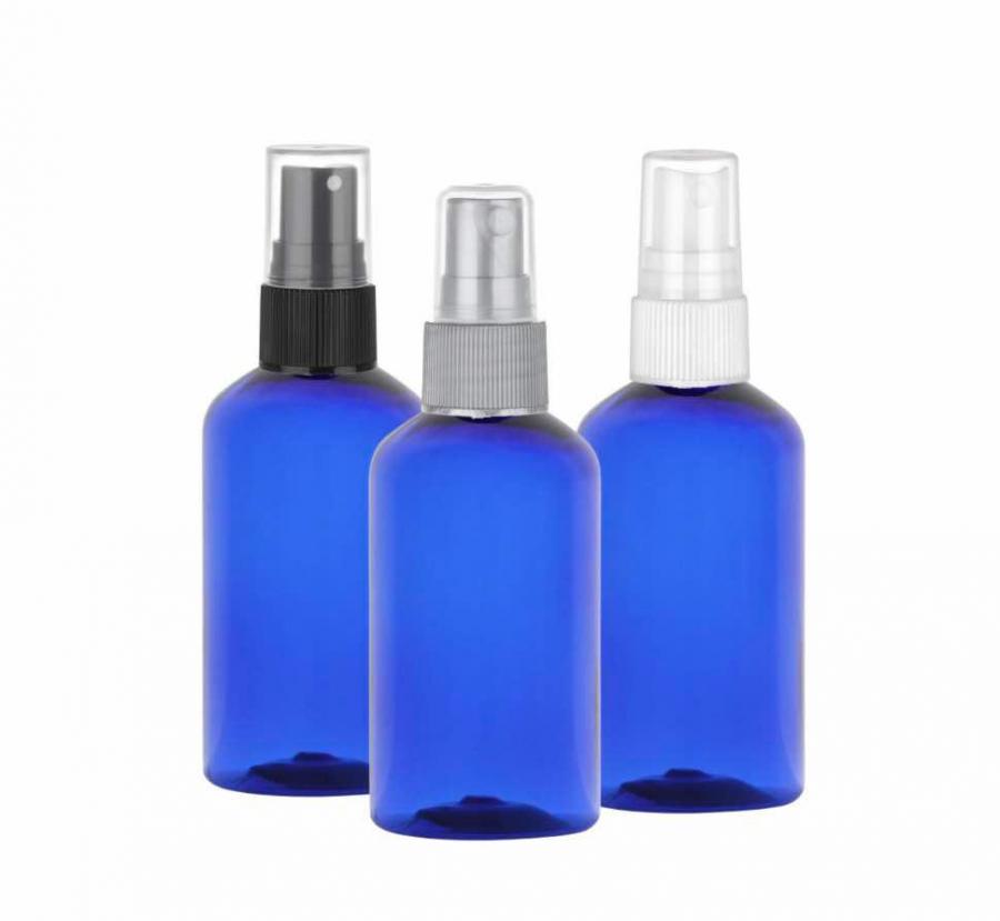 3.33 oz. Blue 20-410 PET Plastic Semi-Translucent (100 ML) Boston Round Bottle-FM Sprayer