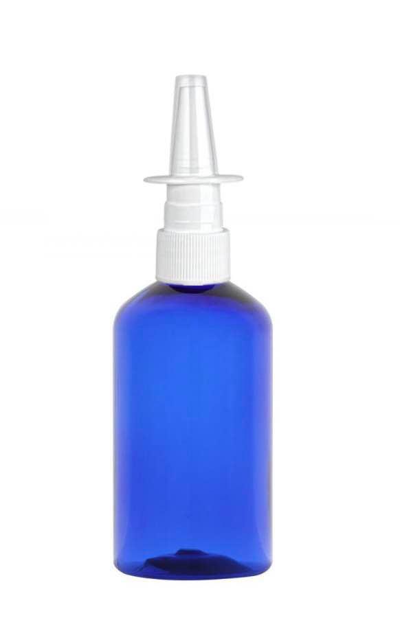 3.33 oz. Blue 20-410 PET Plastic Semi-Translucent (100 ML) Boston Round Bottle-FM Nasal Sprayer