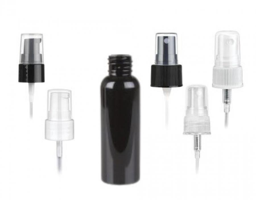 1 oz. Black 20-410 Round Bullet PET (BPA Free) Opaque Shiny Plastic Bottle-FM Sprayer or Treatment Pump