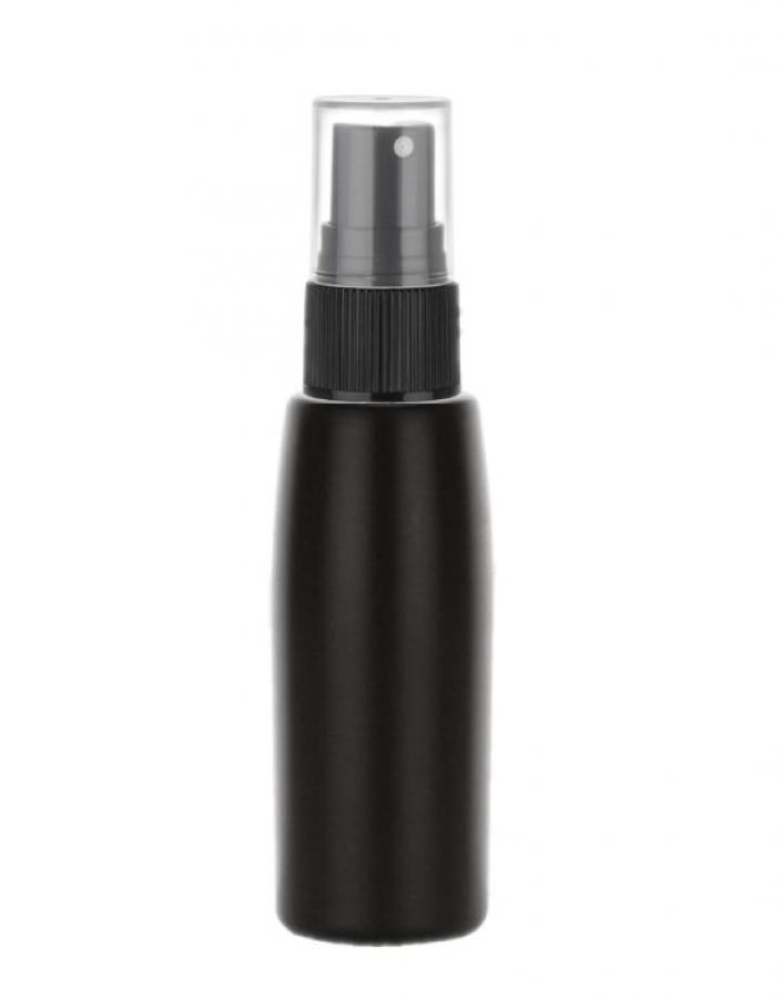 2 oz. Black 24-410 Tapered Round Opaque HDPE Plastic Bullet Bottle-FM Sprayer
