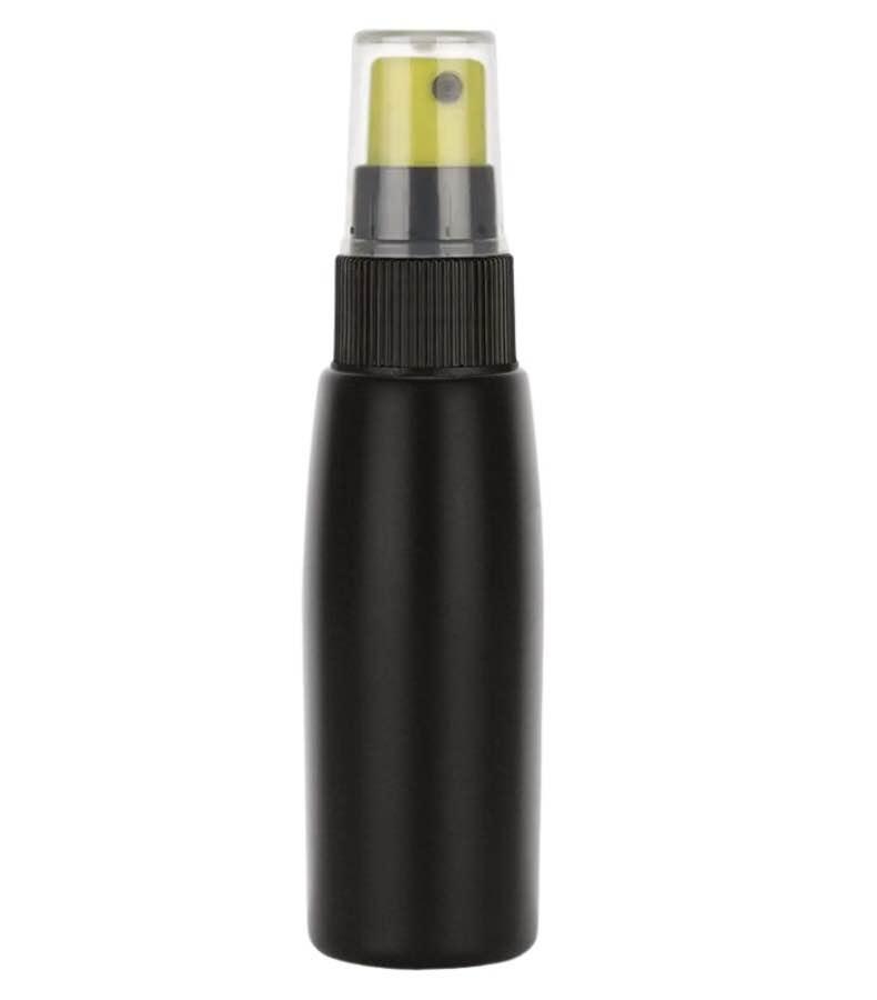 2 oz. Black 24-410 Tapered Round Opaque HDPE Plastic Bullet Bottle-Regular Mist Sprayer
