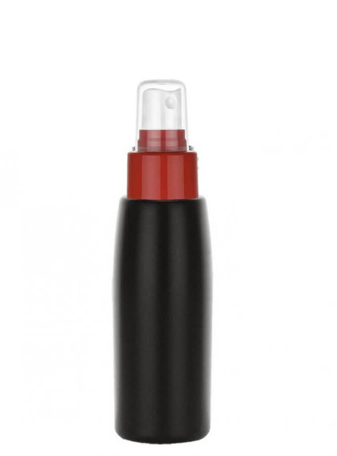 2 oz. Black 24-410 Tapered Round Opaque HDPE Plastic Bullet Bottle-FM Sprayer
