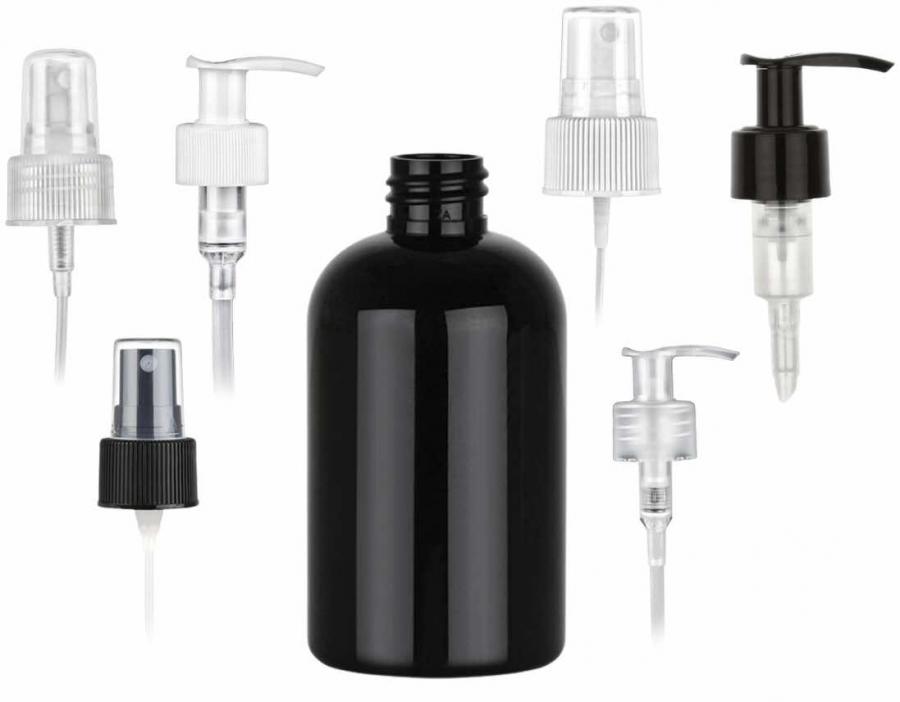 6 oz. Black PET 24-410 Shiny Opaque Plastic Boston Round Bottle-Pump or Sprayer (Silgan)