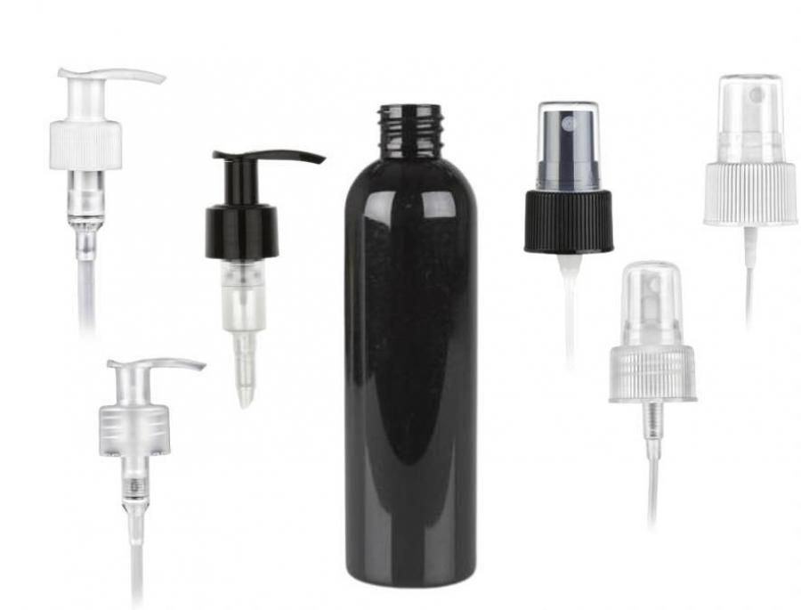 6 oz. Black PET 24-410 Shiny Opaque Plastic Bullet Round Bottle-LU Lotion Pump or Sprayer